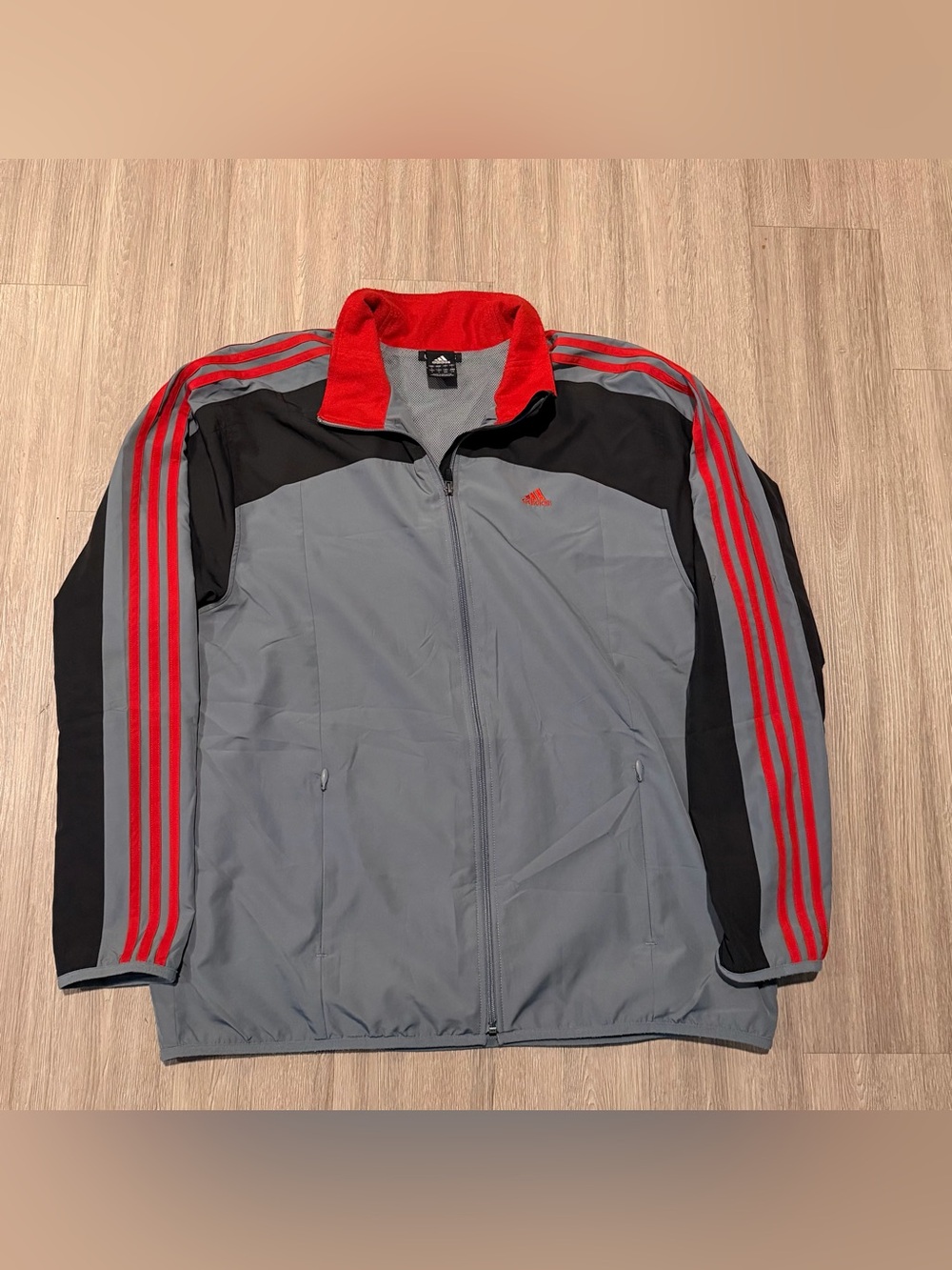 Vtg Adidas Track Jacket Clima365 Gray Black Zip Pockets Red 3 Stripe Size L